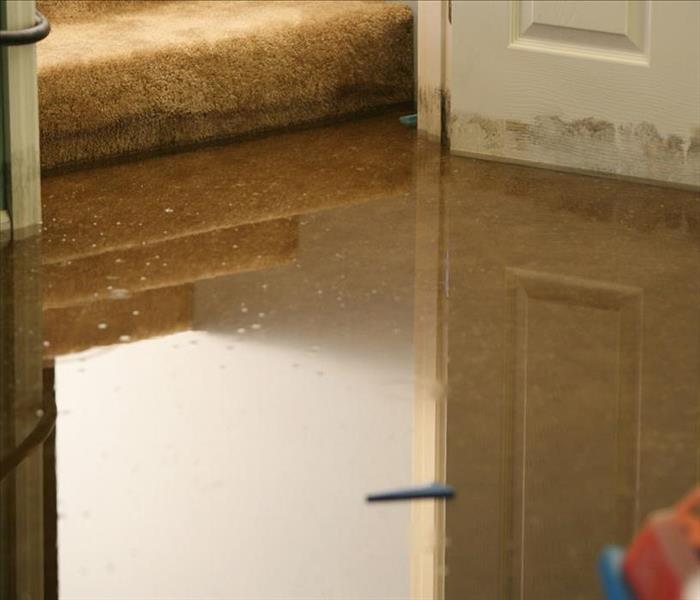 Photo of flooded doorway in home with contaminated water.
